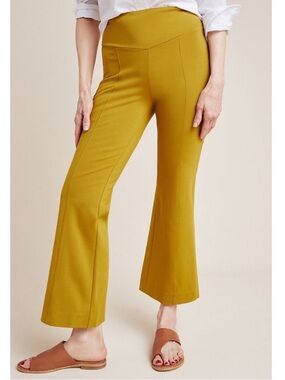Anthropologie || Chartreuse Ponte Flare Pants Knit Trousers Yellow Green Large